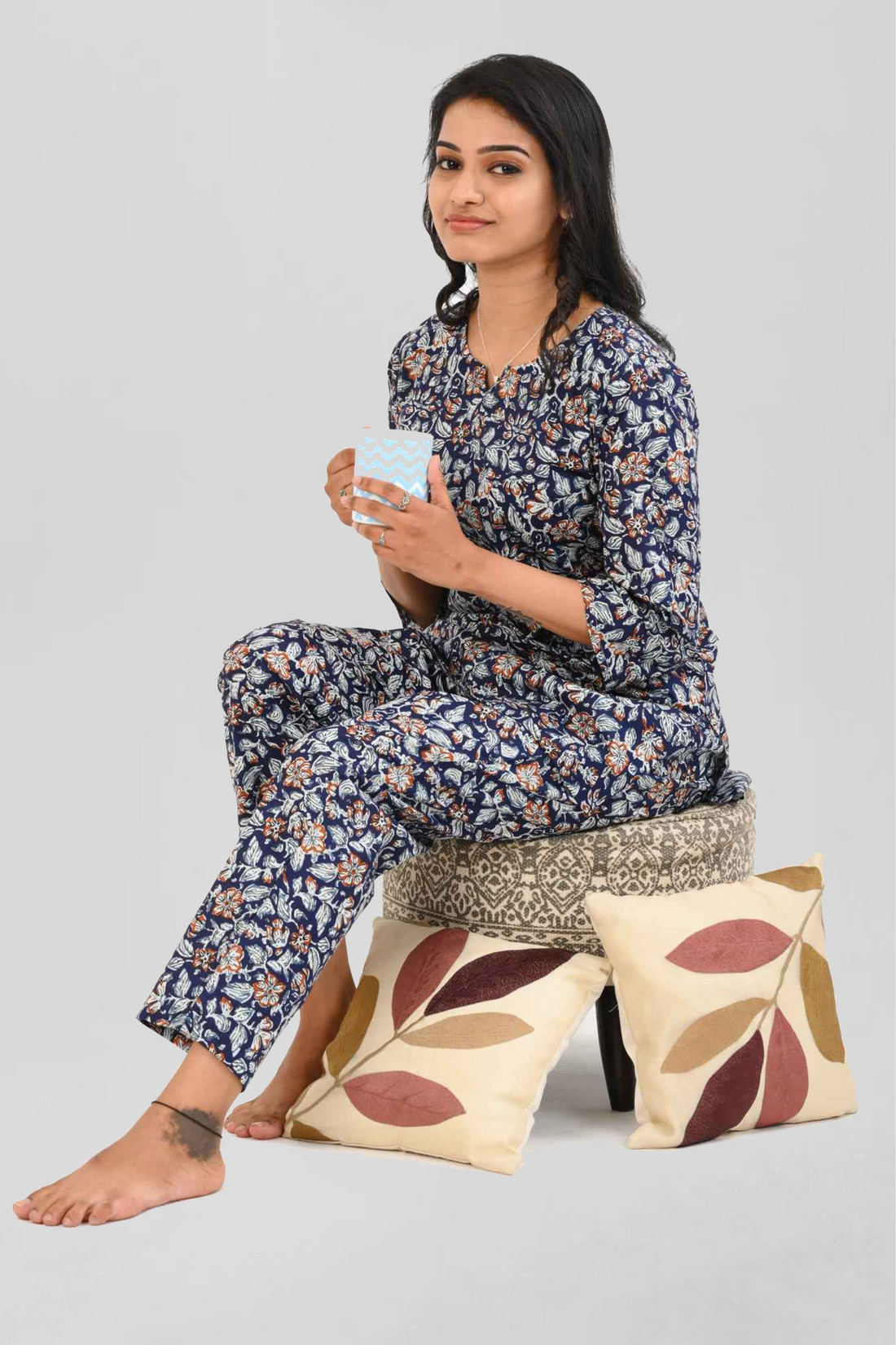 Dark Blue Cotton Printed Pyjama Set
