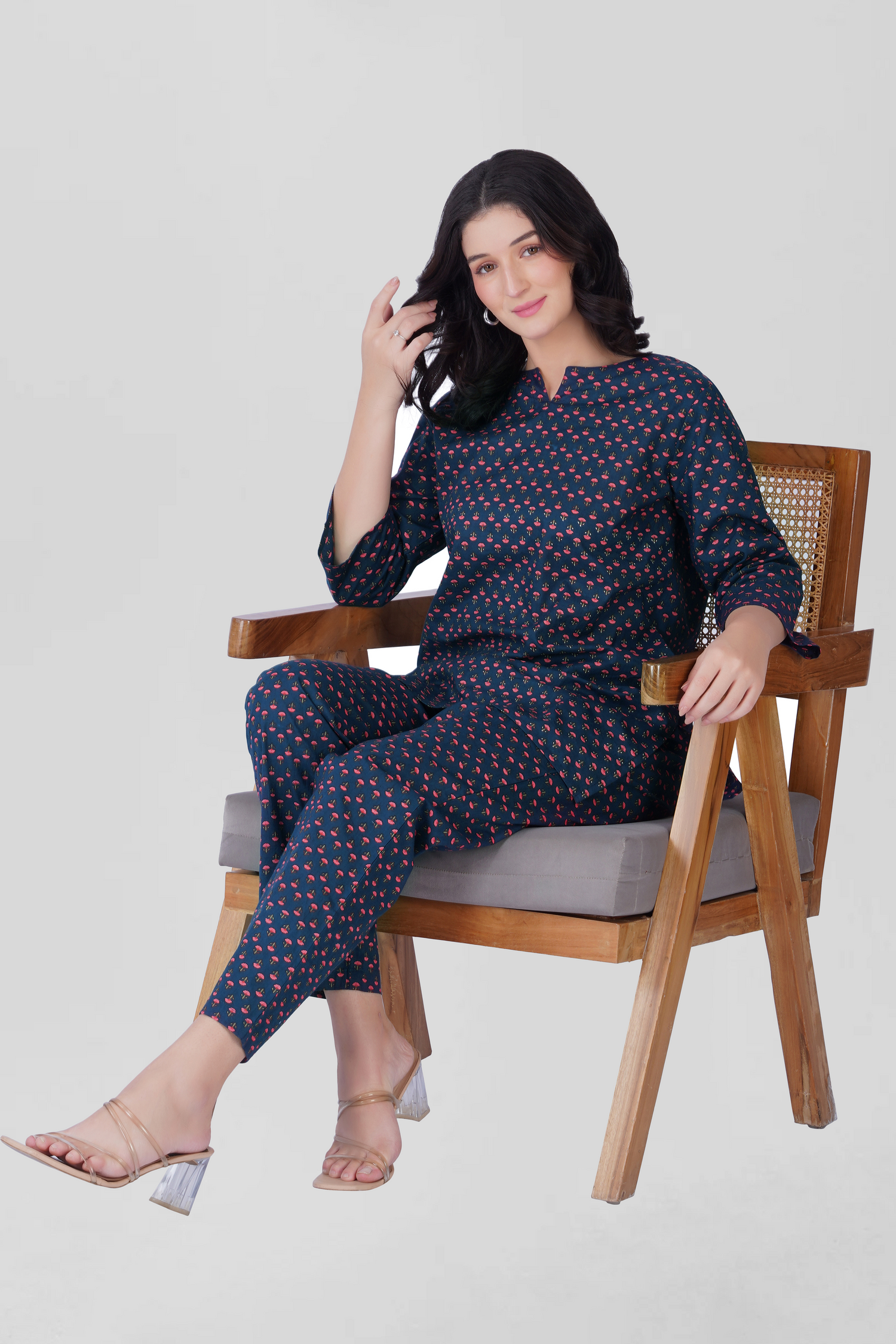 Dark Blue Cotton Printed Pyjama Set