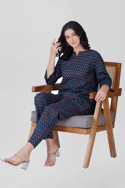 Dark Blue Cotton Printed Pyjama Set