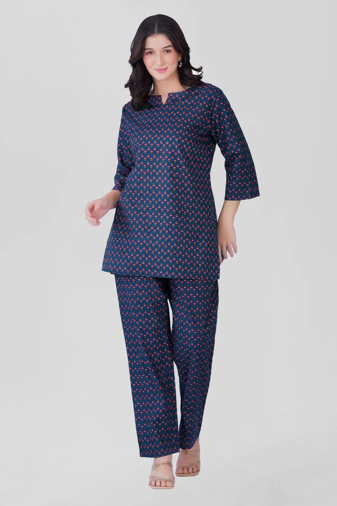 Dark Blue Cotton Printed Pyjama Set