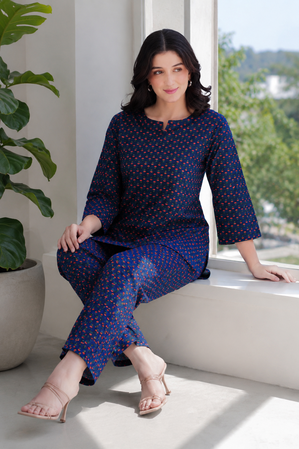 Dark Blue Cotton Printed Pyjama Set