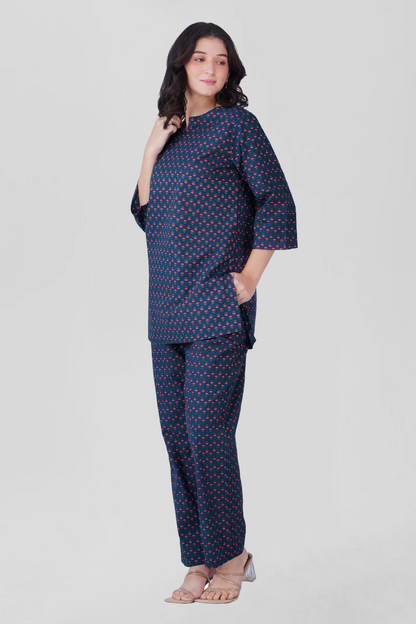 Dark Blue Cotton Printed Pyjama Set