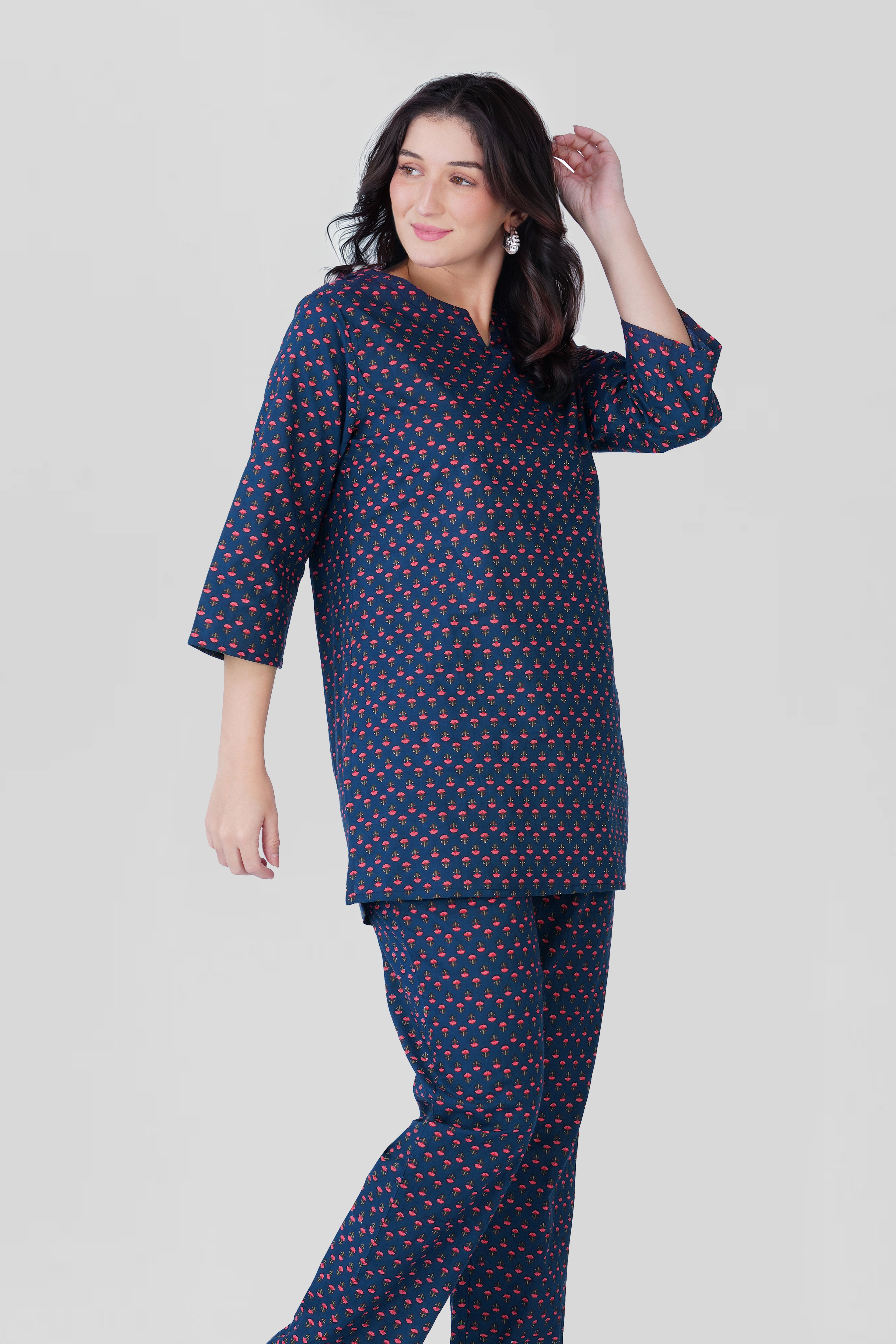 Dark Blue Cotton Printed Pyjama Set