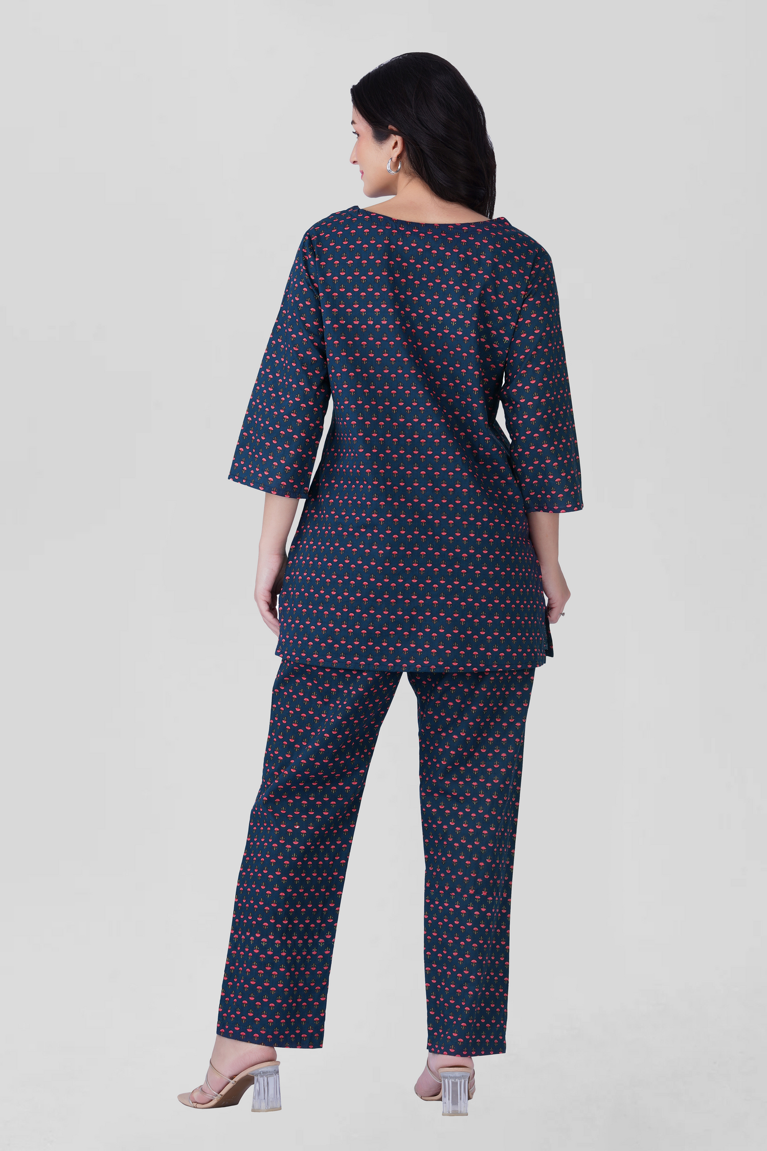 Dark Blue Cotton Printed Pyjama Set