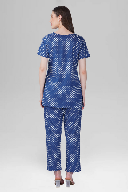 Dark Blue Cotton Printed Pyjama Set