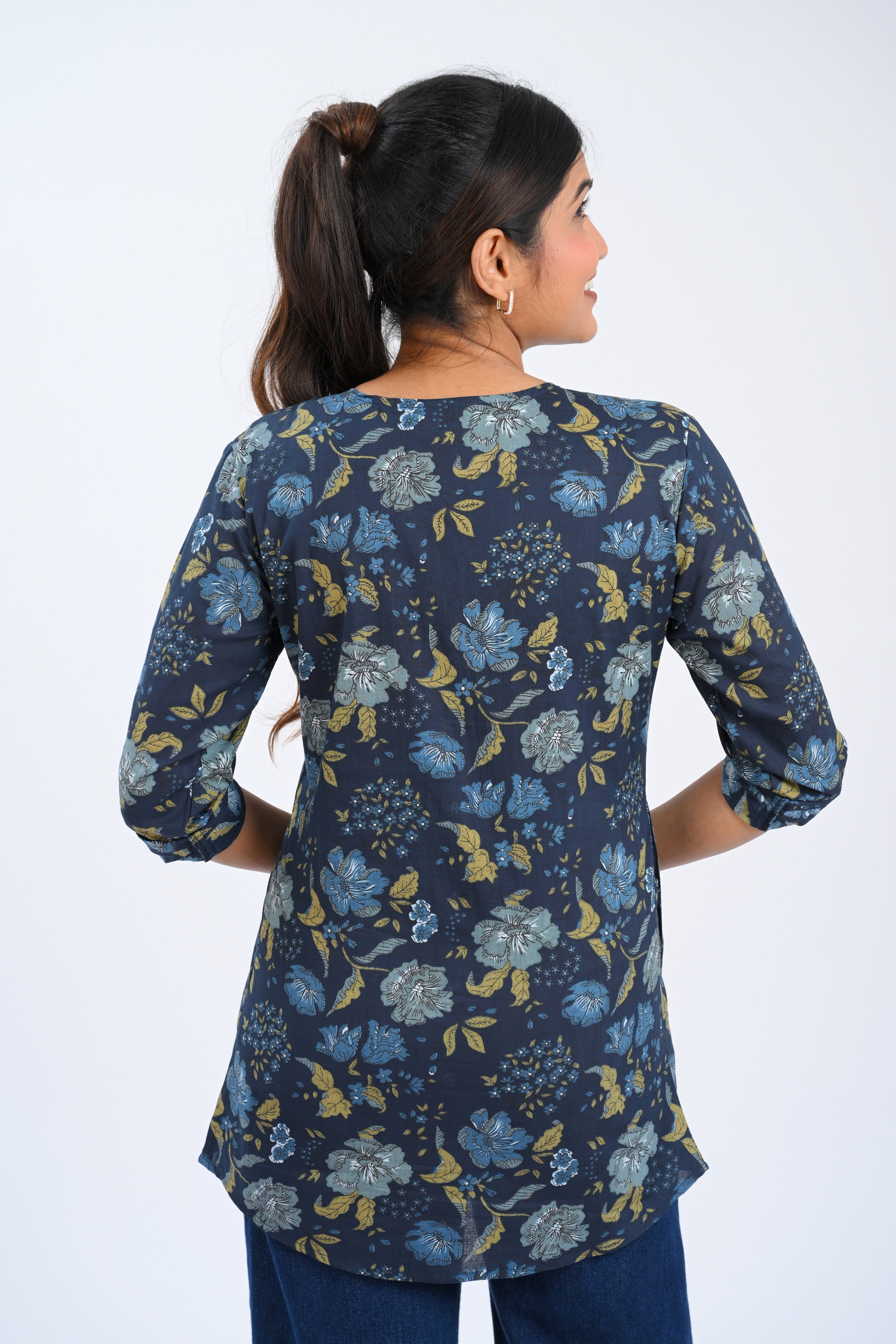 Dark Blue Cotton Printed Short Kurti