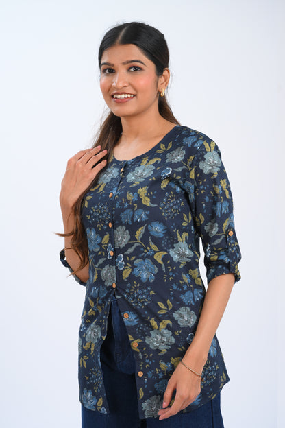 Dark Blue Cotton Printed Short Kurti
