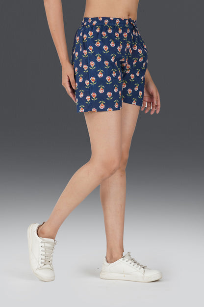 Dark Blue Cotton Printed Shorts