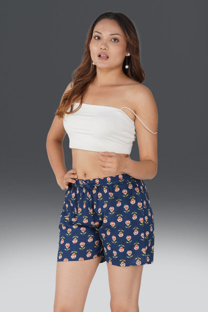 Dark Blue Cotton Printed Shorts