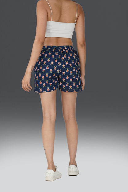 Dark Blue Cotton Printed Shorts