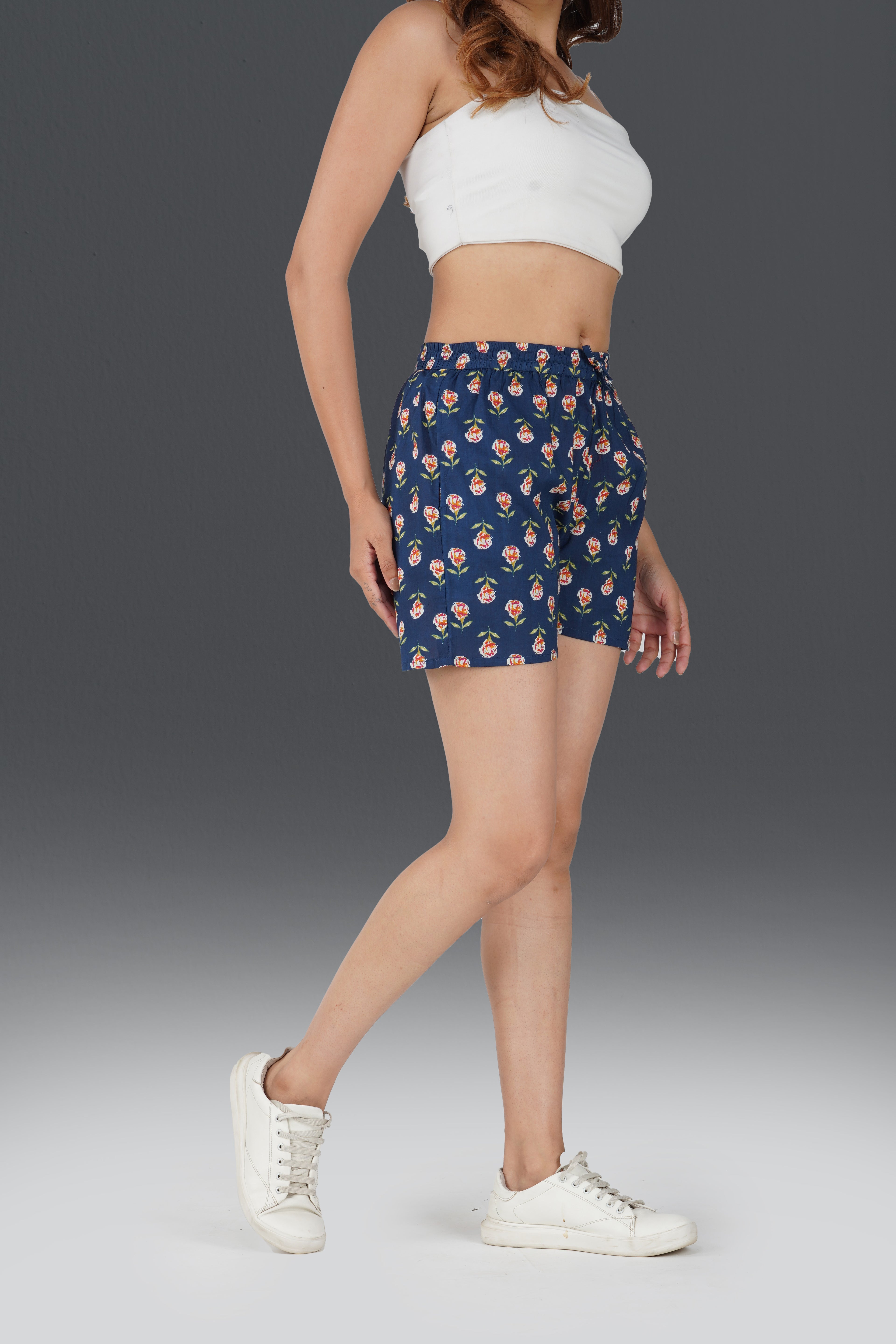 Dark Blue Cotton Printed Shorts