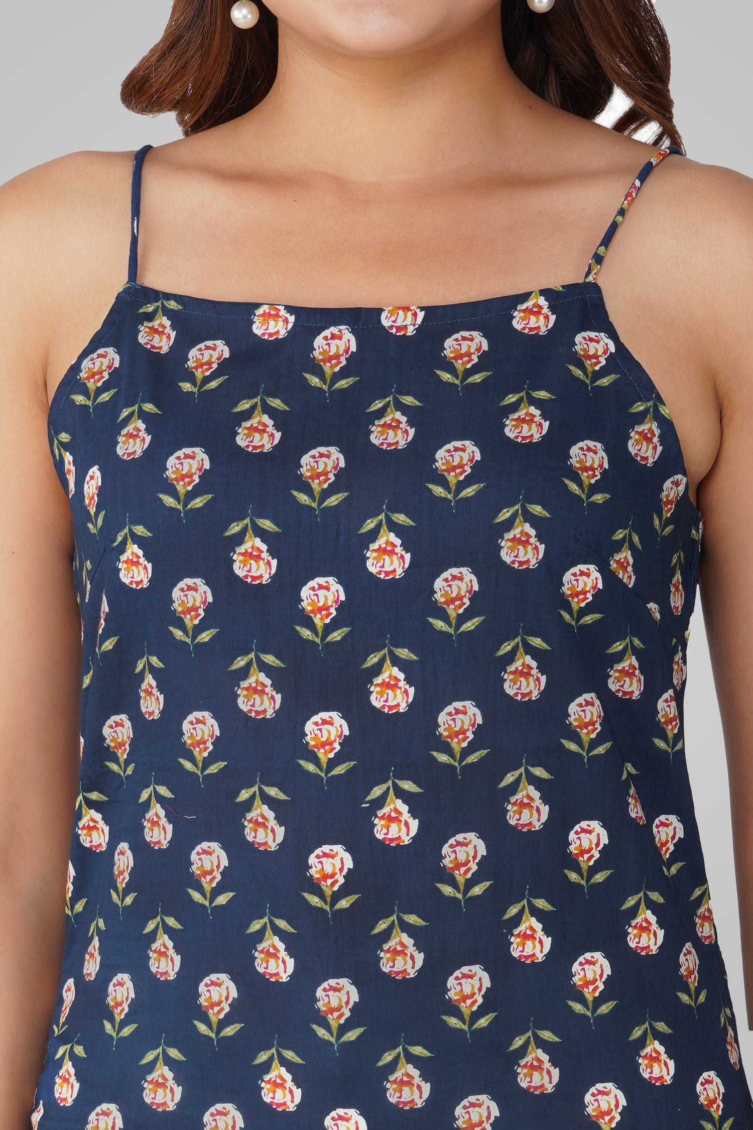 Dark Blue Cotton Printed Strap Top
