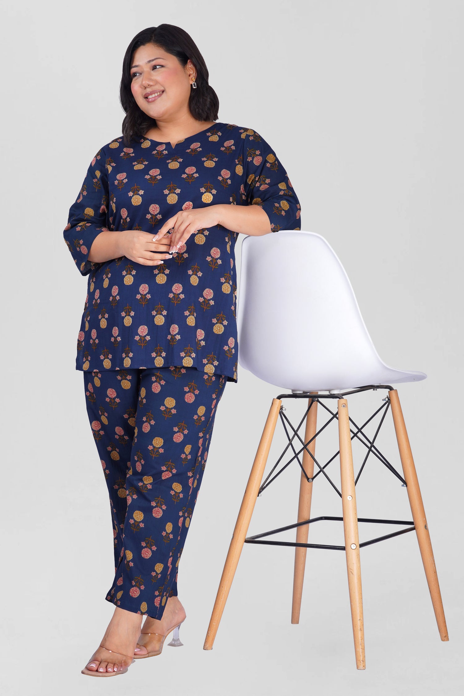 Dark Blue Plus Size Cotton Printed Pyjama Set