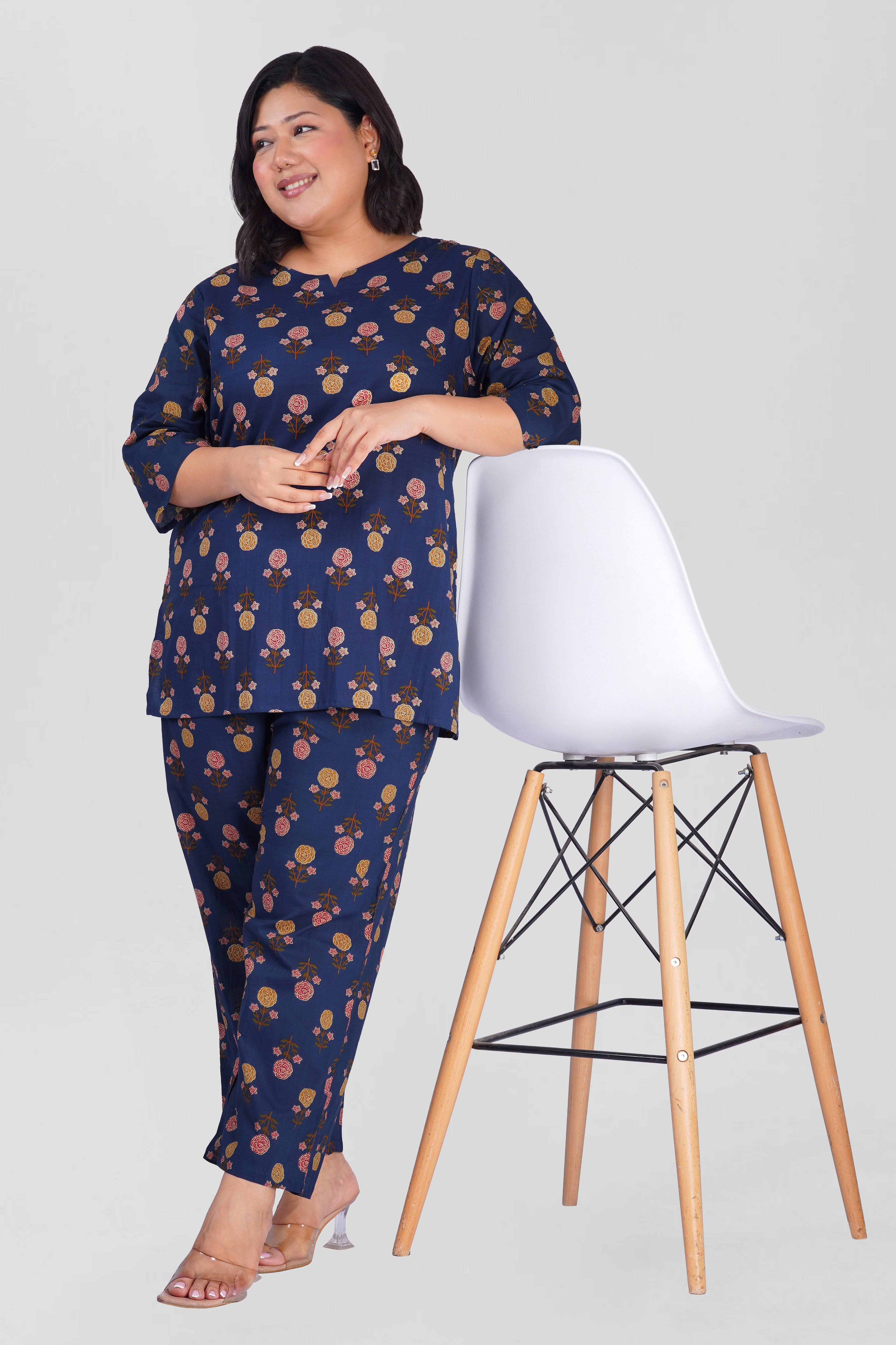 Dark Blue Plus Size Cotton Printed Pyjama Set