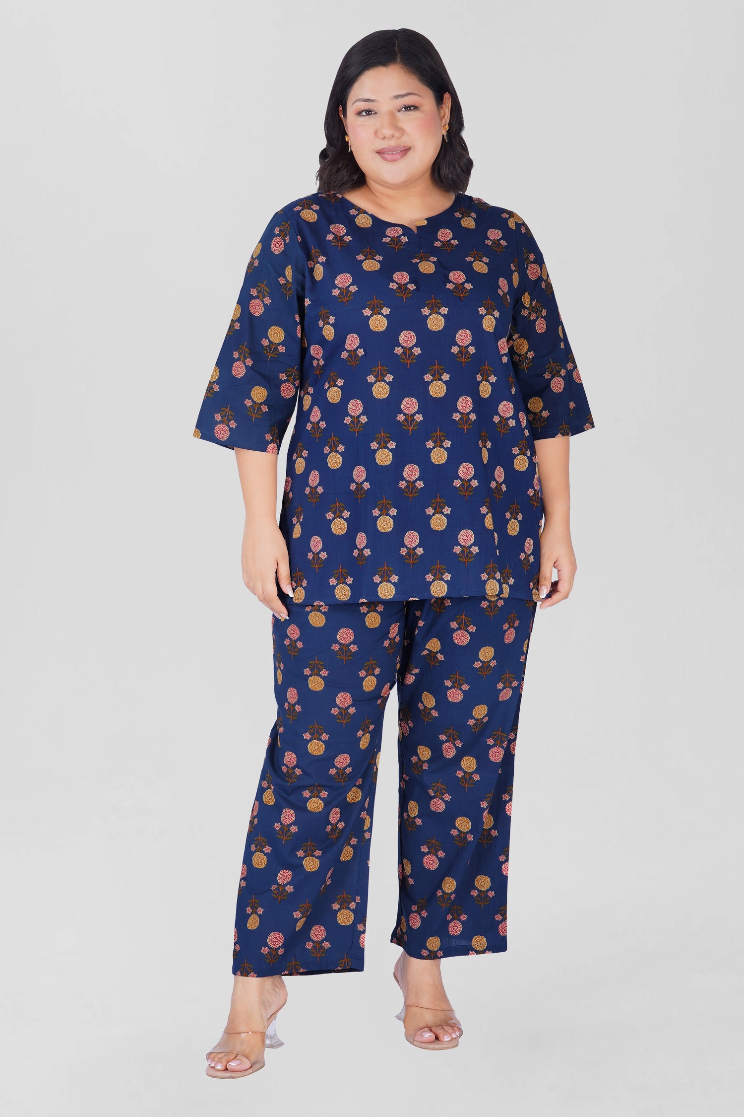Dark Blue Plus Size Cotton Printed Pyjama Set