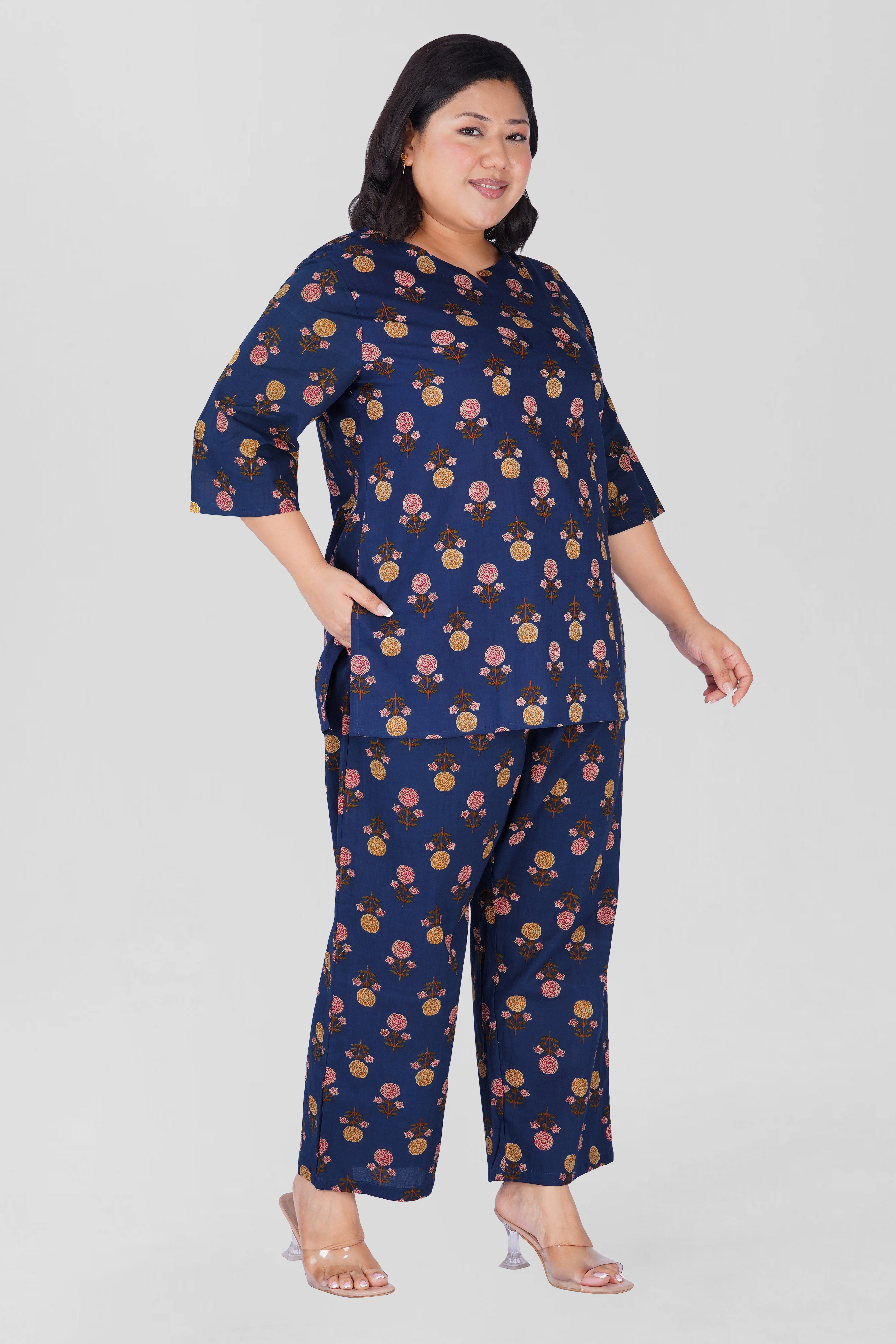 Dark Blue Plus Size Cotton Printed Pyjama Set