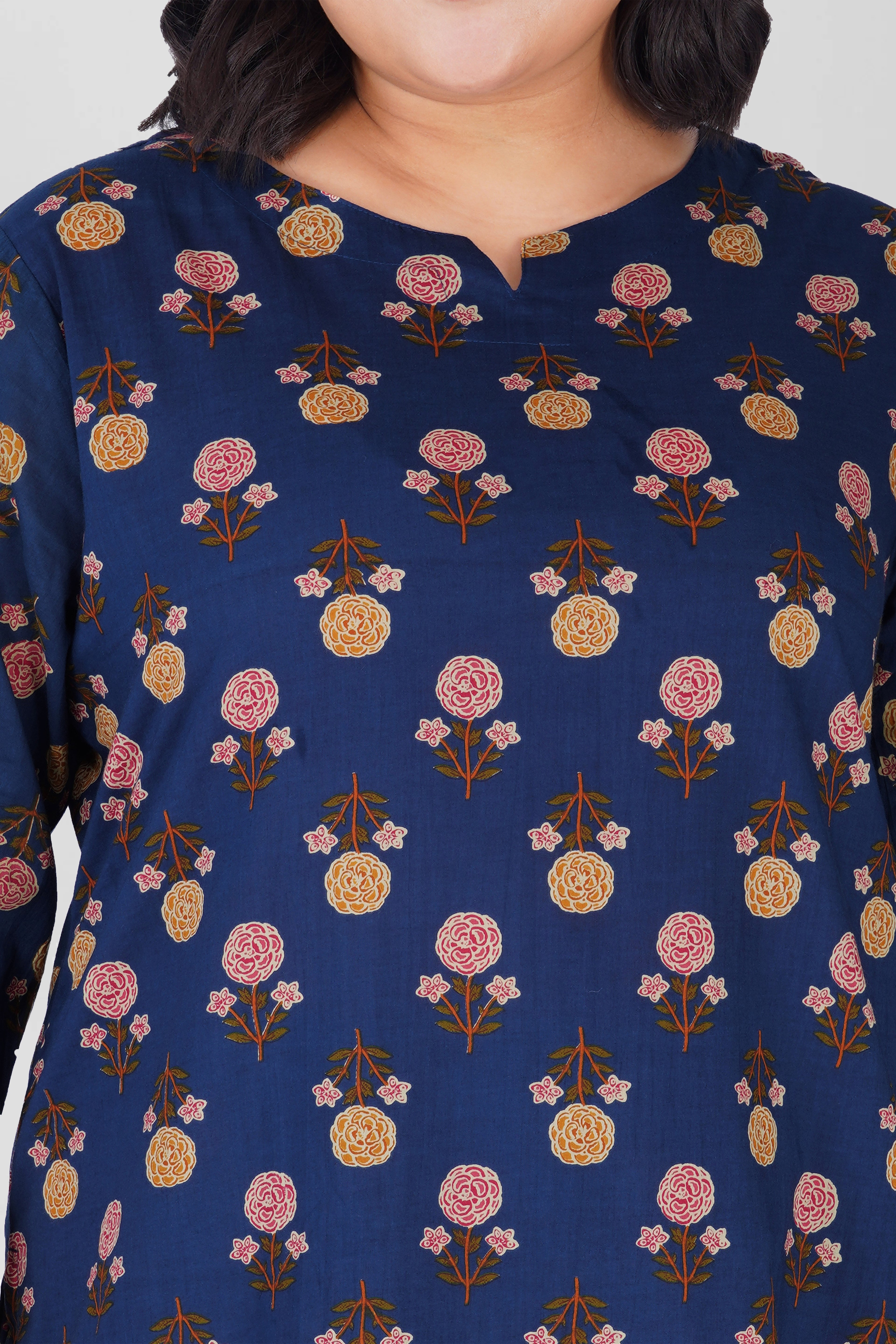 Dark Blue Plus Size Cotton Printed Pyjama Set
