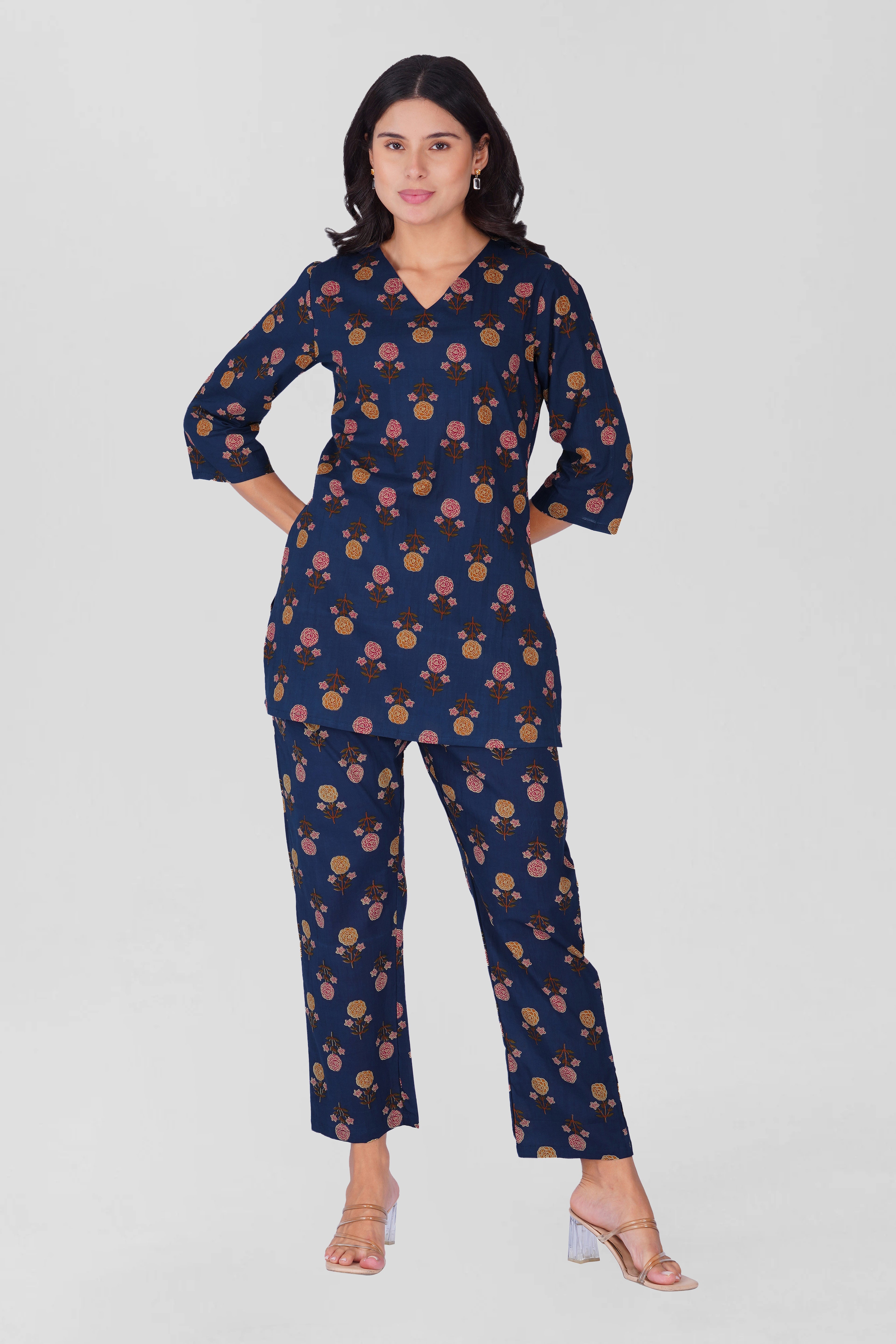 Dark Blue V Neck Cotton Printed Pyjama Set