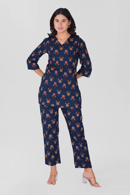 Dark Blue V Neck Cotton Printed Pyjama Set