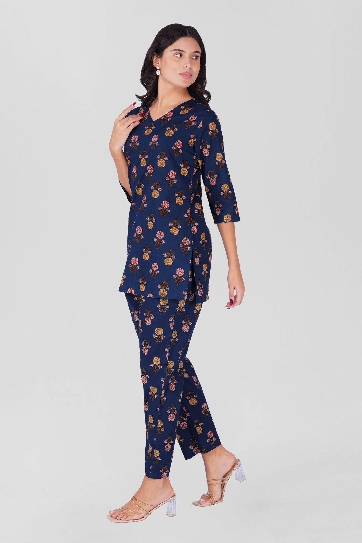 Dark Blue V Neck Cotton Printed Pyjama Set
