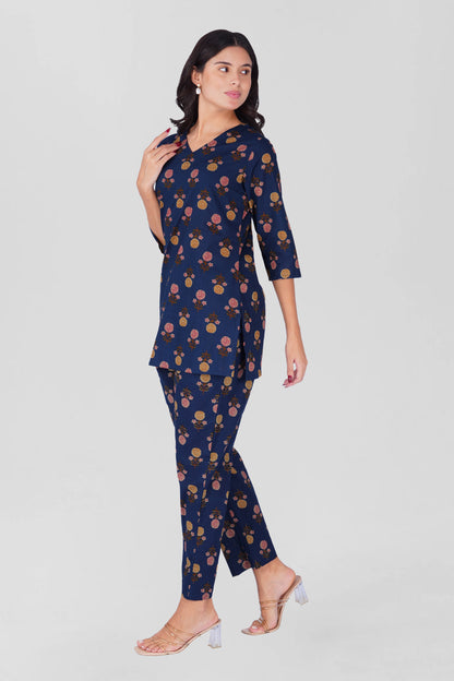 Dark Blue V Neck Cotton Printed Pyjama Set