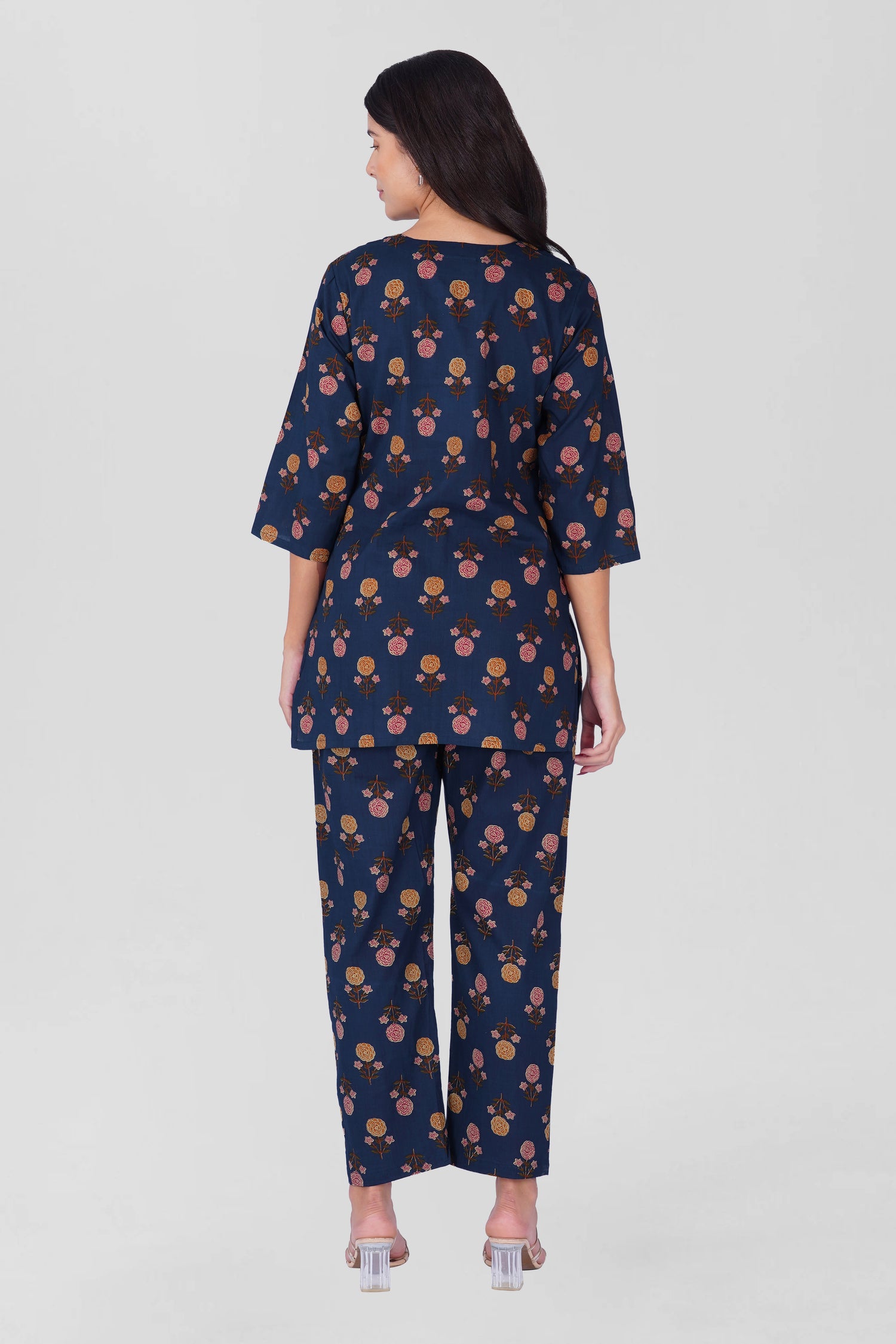 Dark Blue V Neck Cotton Printed Pyjama Set