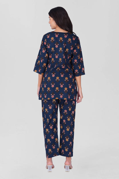 Dark Blue V Neck Cotton Printed Pyjama Set