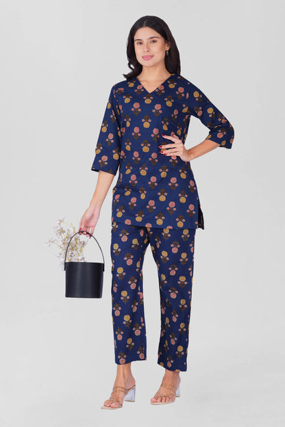 Dark Blue V Neck Cotton Printed Pyjama Set