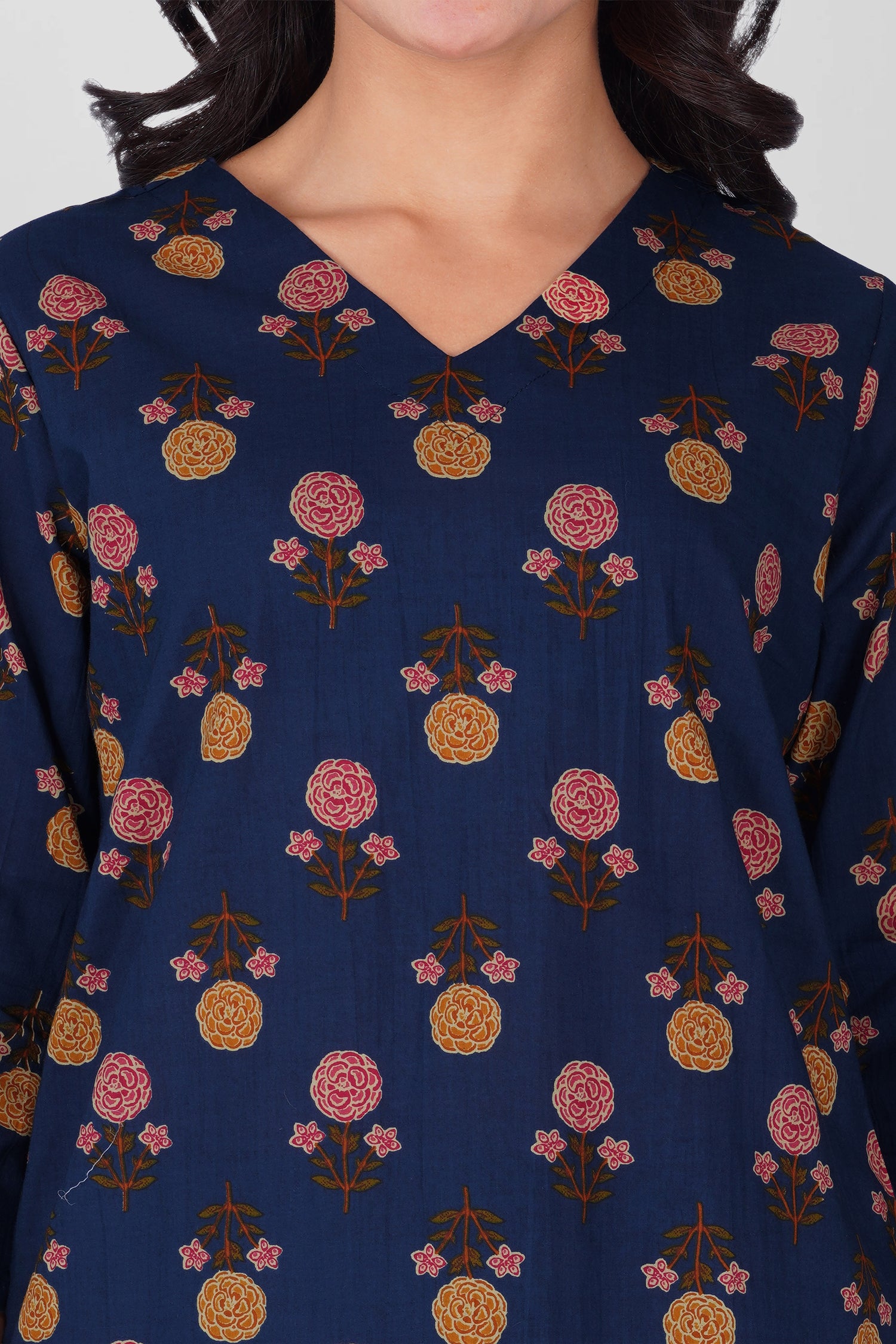 Dark Blue V Neck Cotton Printed Pyjama Set