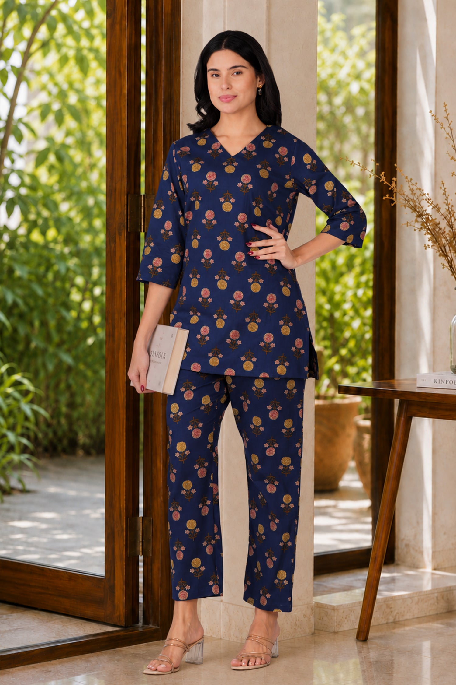 Dark Blue V Neck Cotton Printed Pyjama Set
