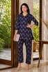 Dark Blue V Neck Cotton Printed Pyjama Set