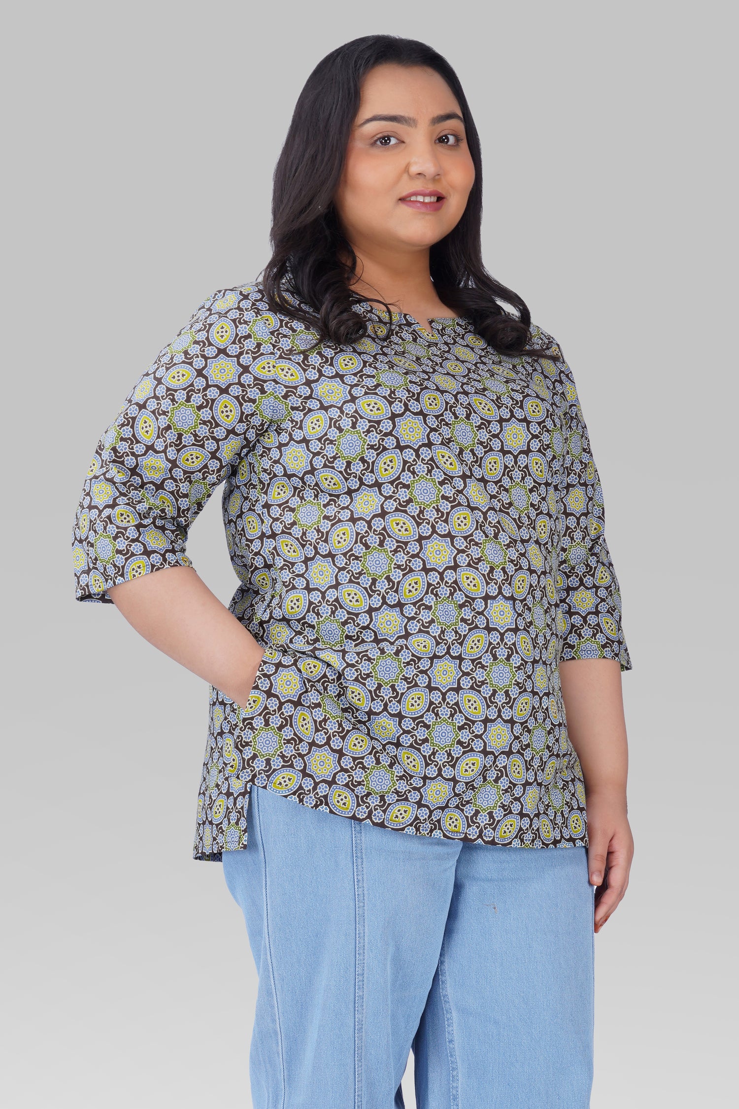 Dark Brown Plus Size Cotton Printed Kurti