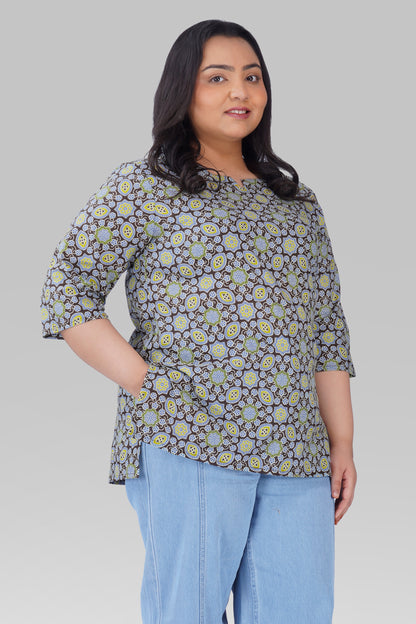 Dark Brown Plus Size Cotton Printed Kurti