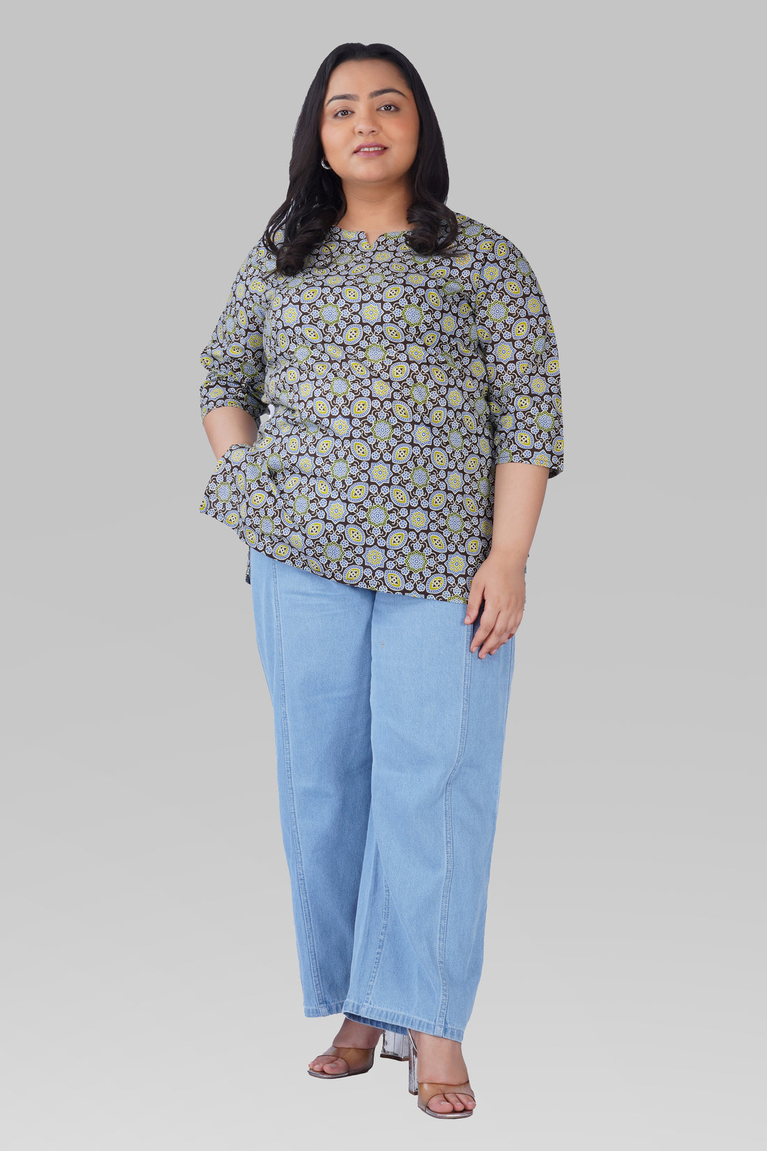 Dark Brown Plus Size Cotton Printed Kurti