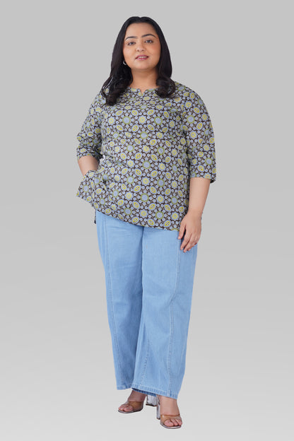 Dark Brown Plus Size Cotton Printed Kurti