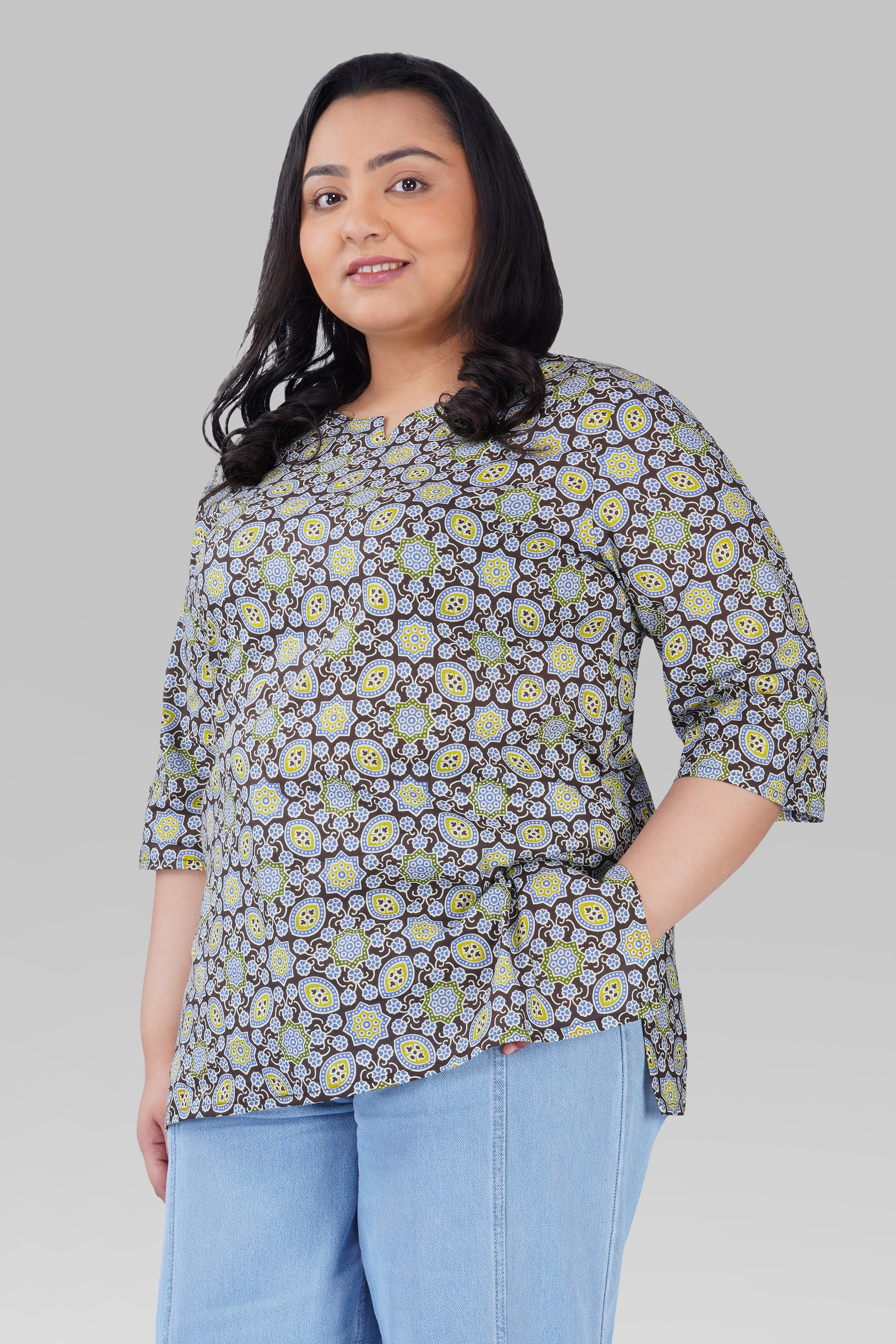 Dark Brown Plus Size Cotton Printed Kurti