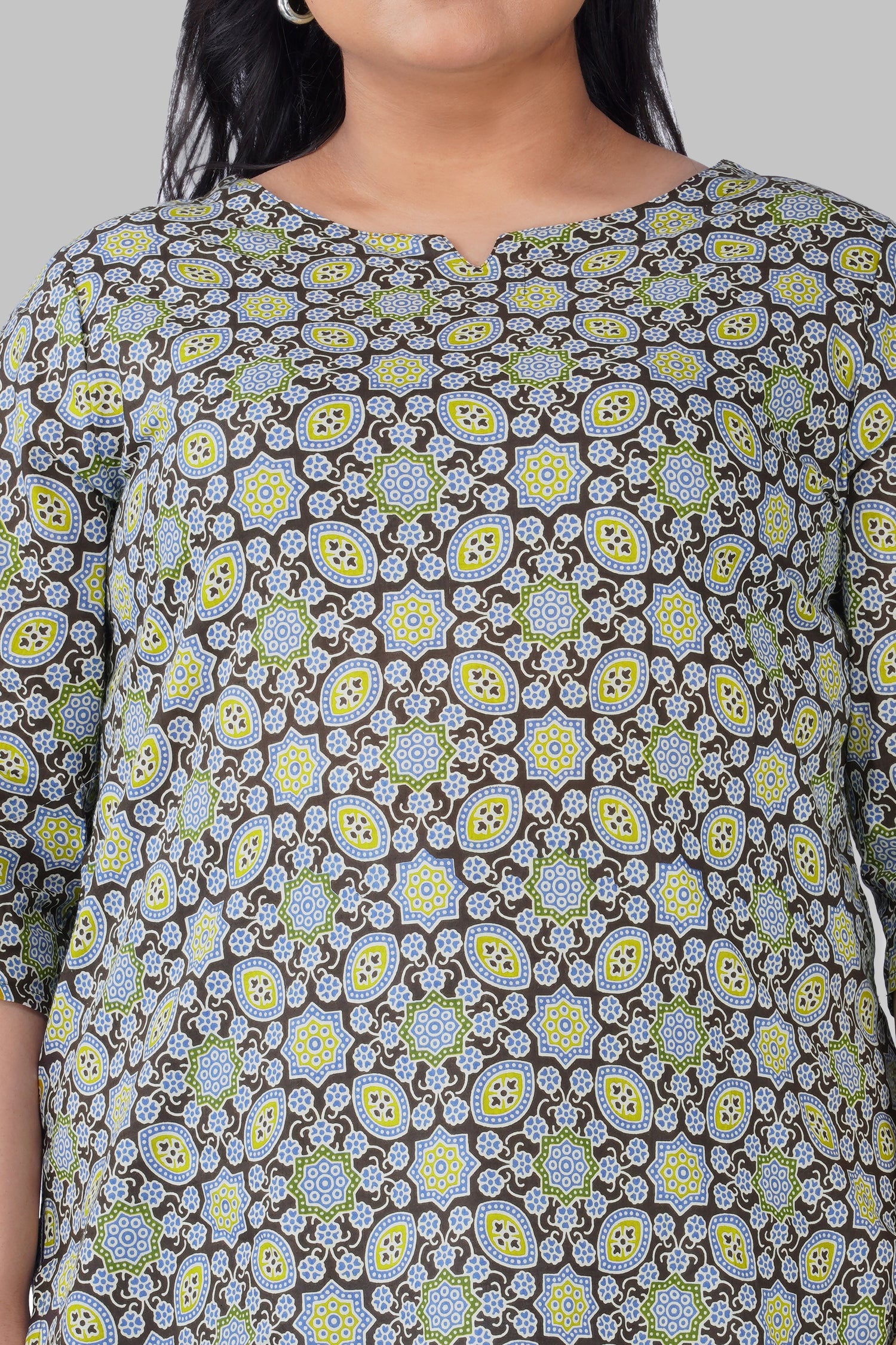 Dark Brown Plus Size Cotton Printed Kurti