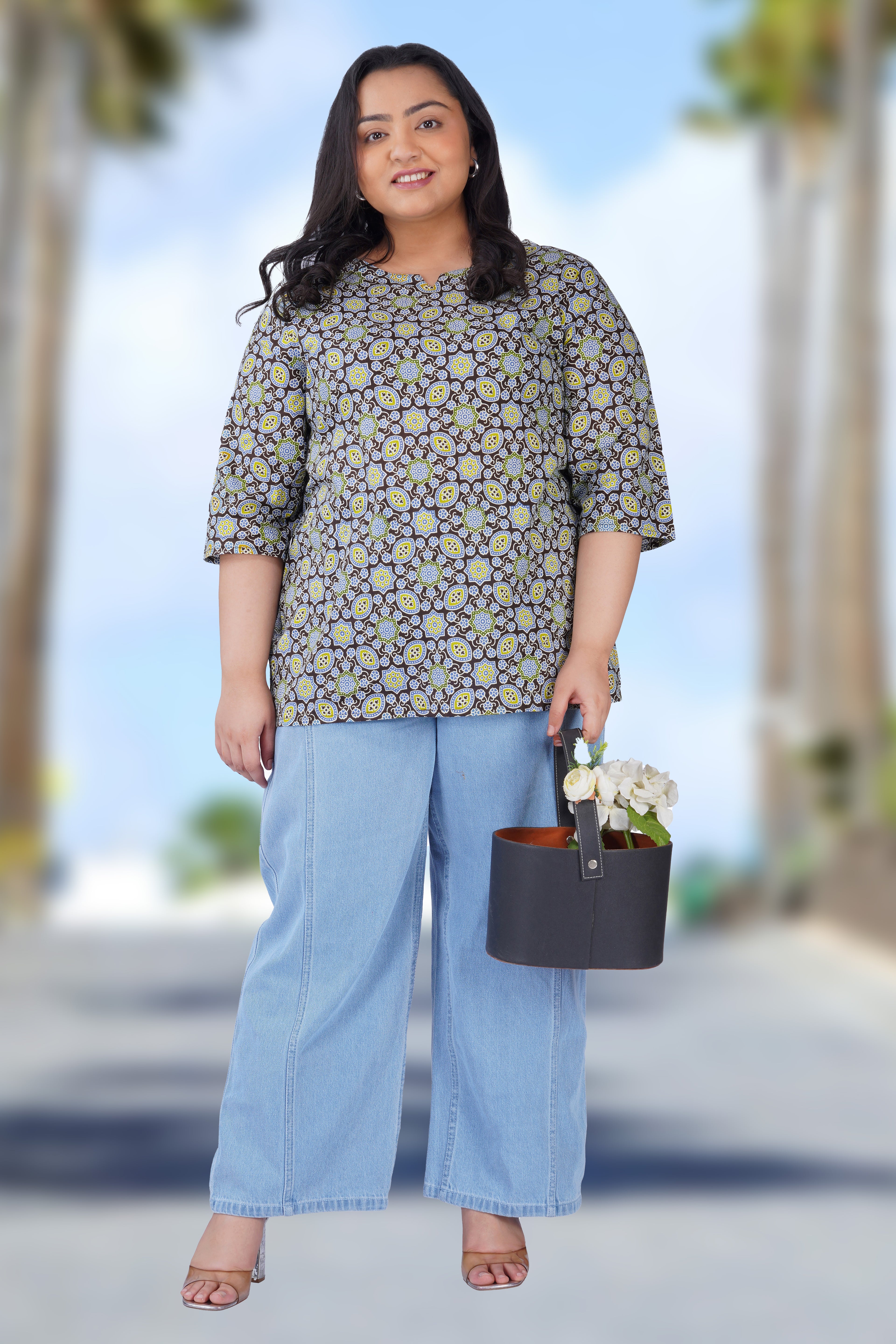 Dark Brown Plus Size Cotton Printed Kurti