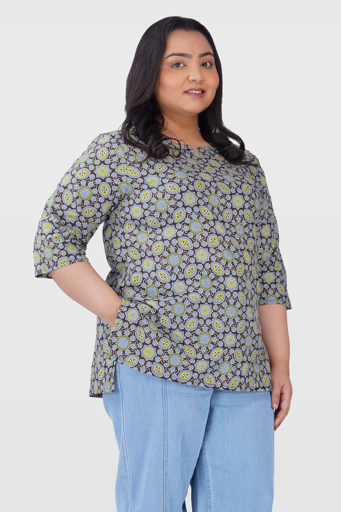 Dark Brown Plus Size Cotton Printed Kurti