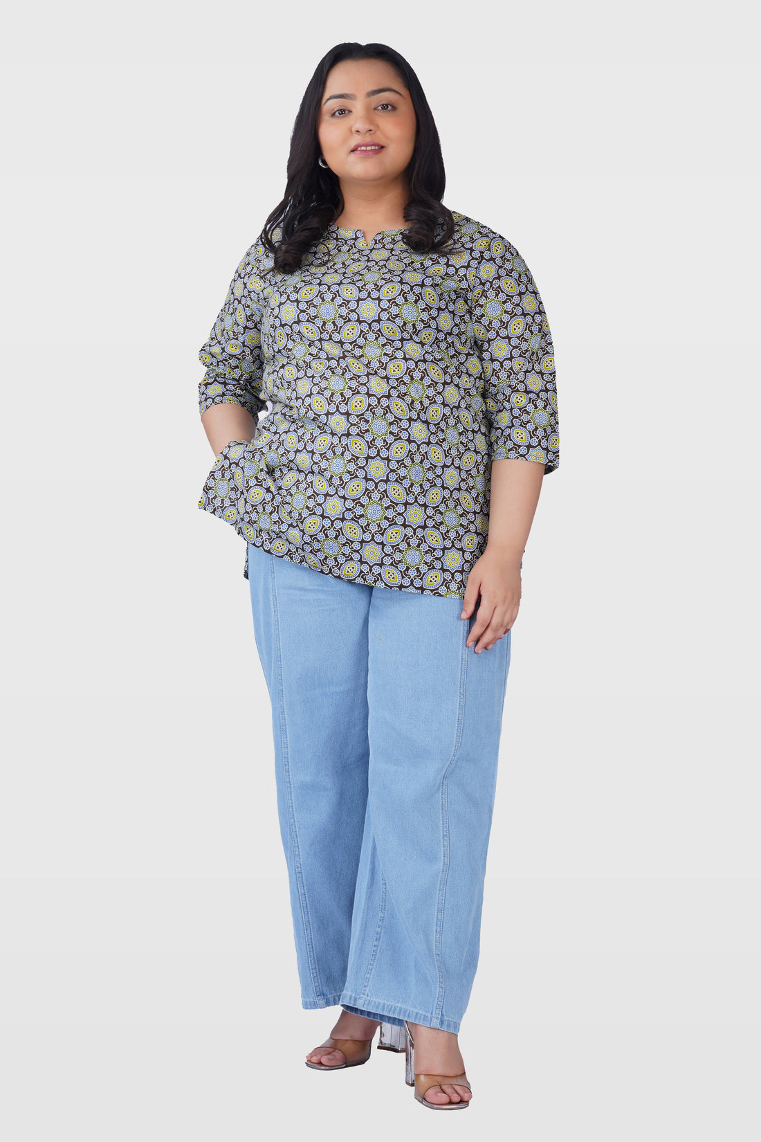 Dark Brown Plus Size Cotton Printed Kurti