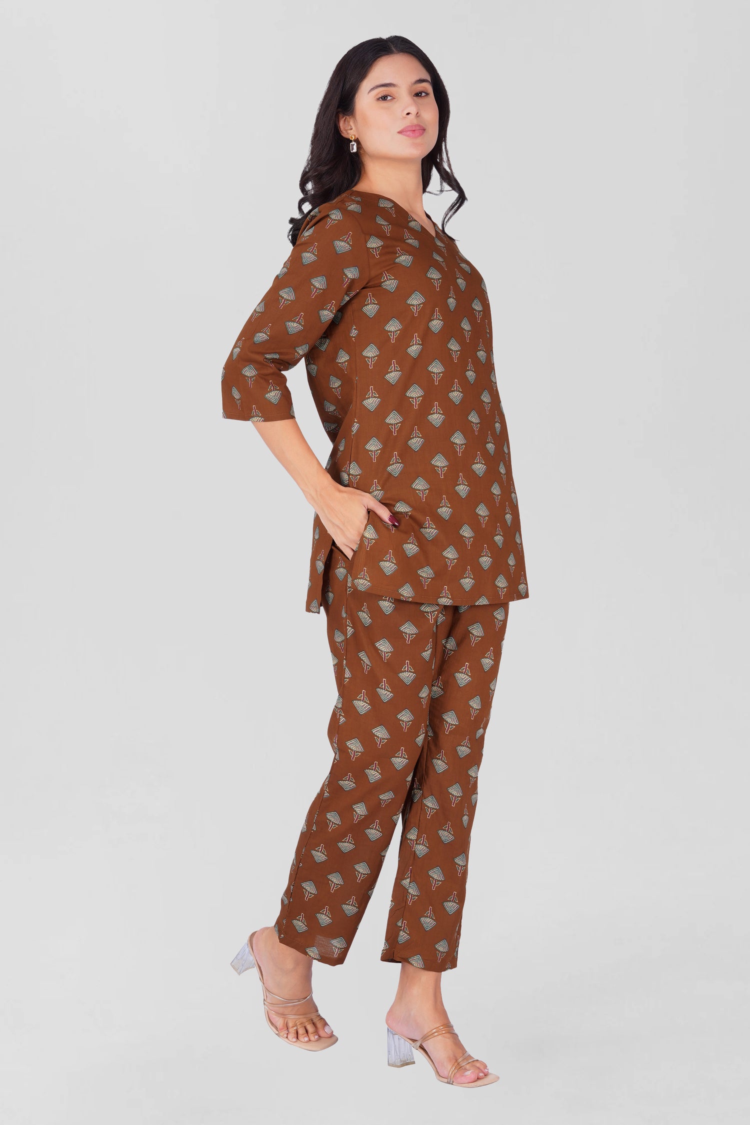 Dark Brown V Neck Cotton Printed Pyjama Set