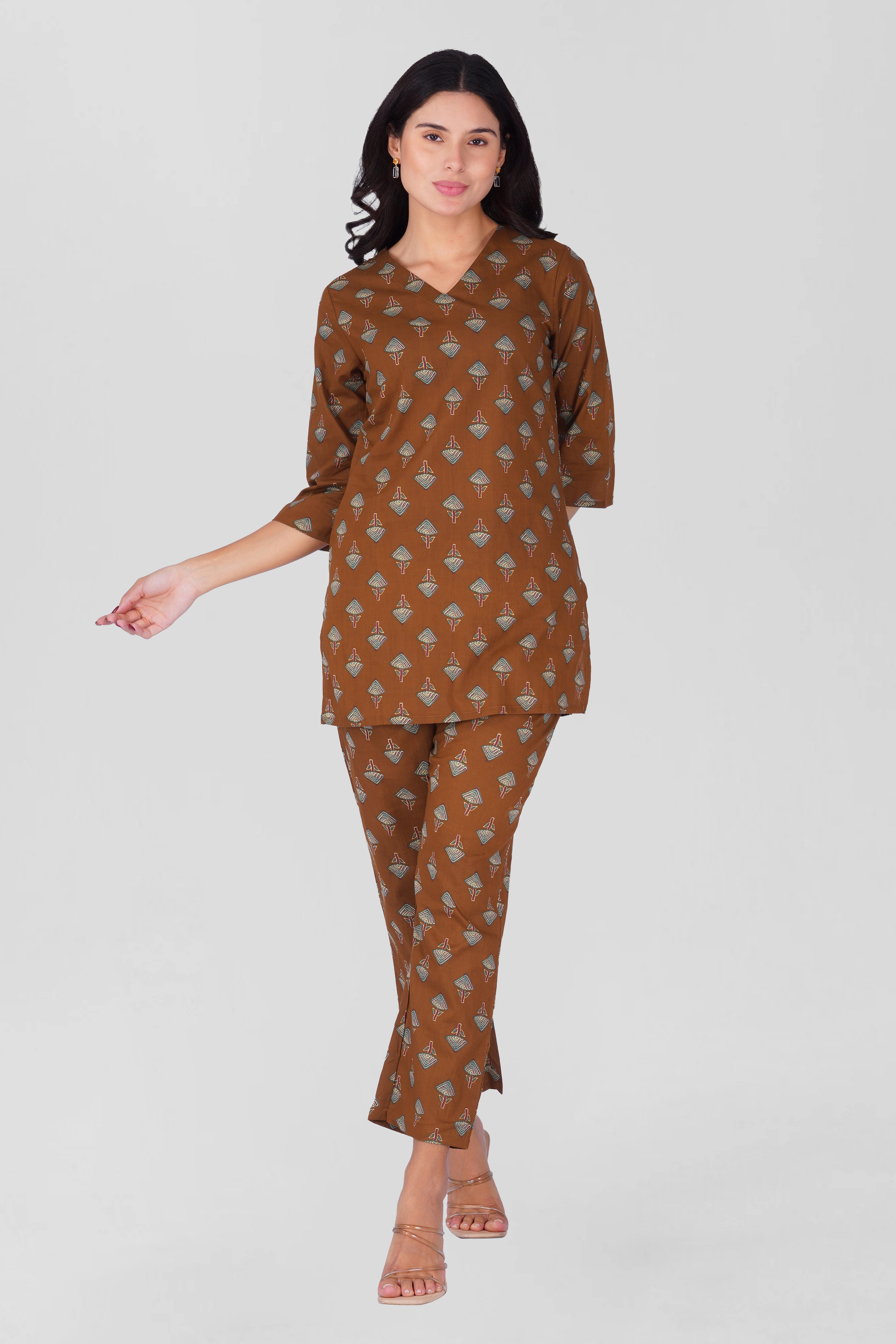 Dark Brown V Neck Cotton Printed Pyjama Set