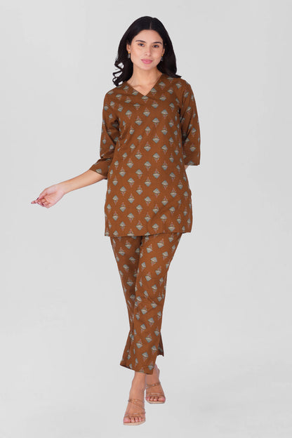 Dark Brown V Neck Cotton Printed Pyjama Set