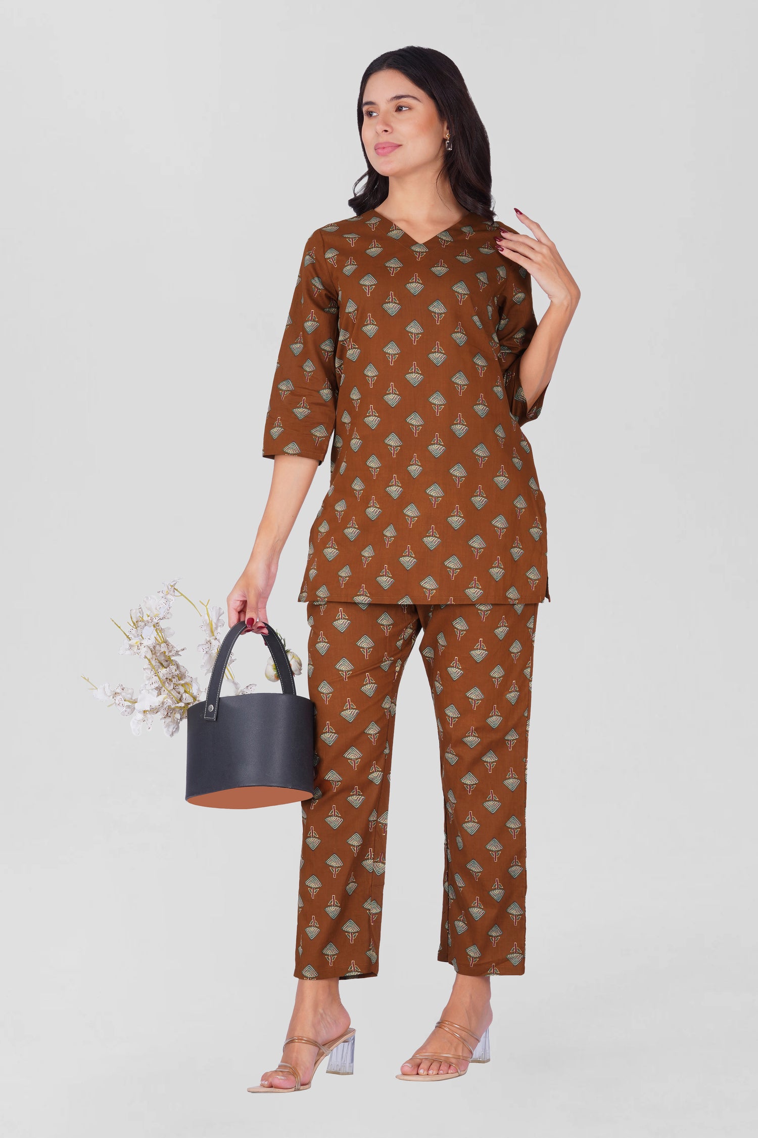 Dark Brown V Neck Cotton Printed Pyjama Set