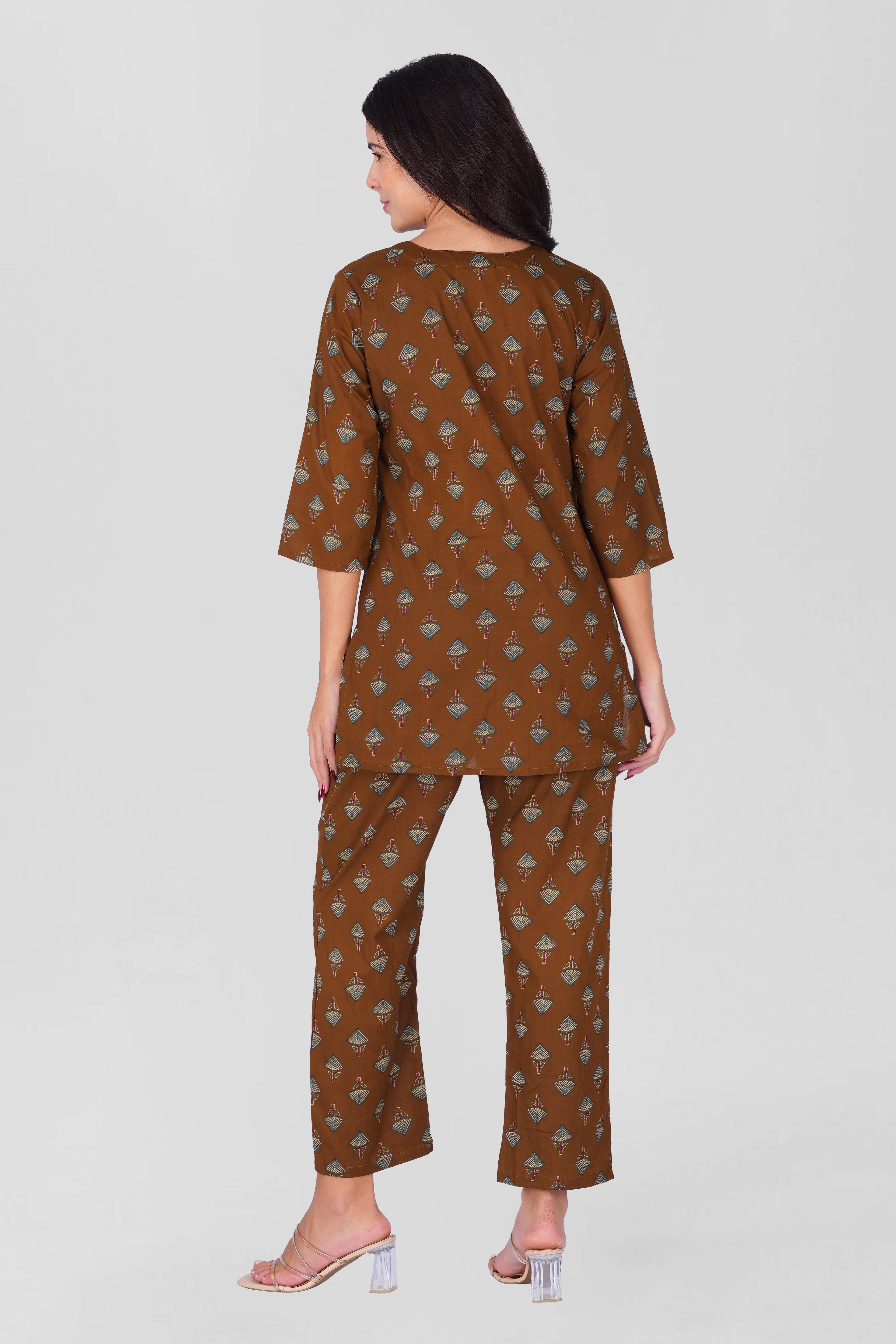 Dark Brown V Neck Cotton Printed Pyjama Set