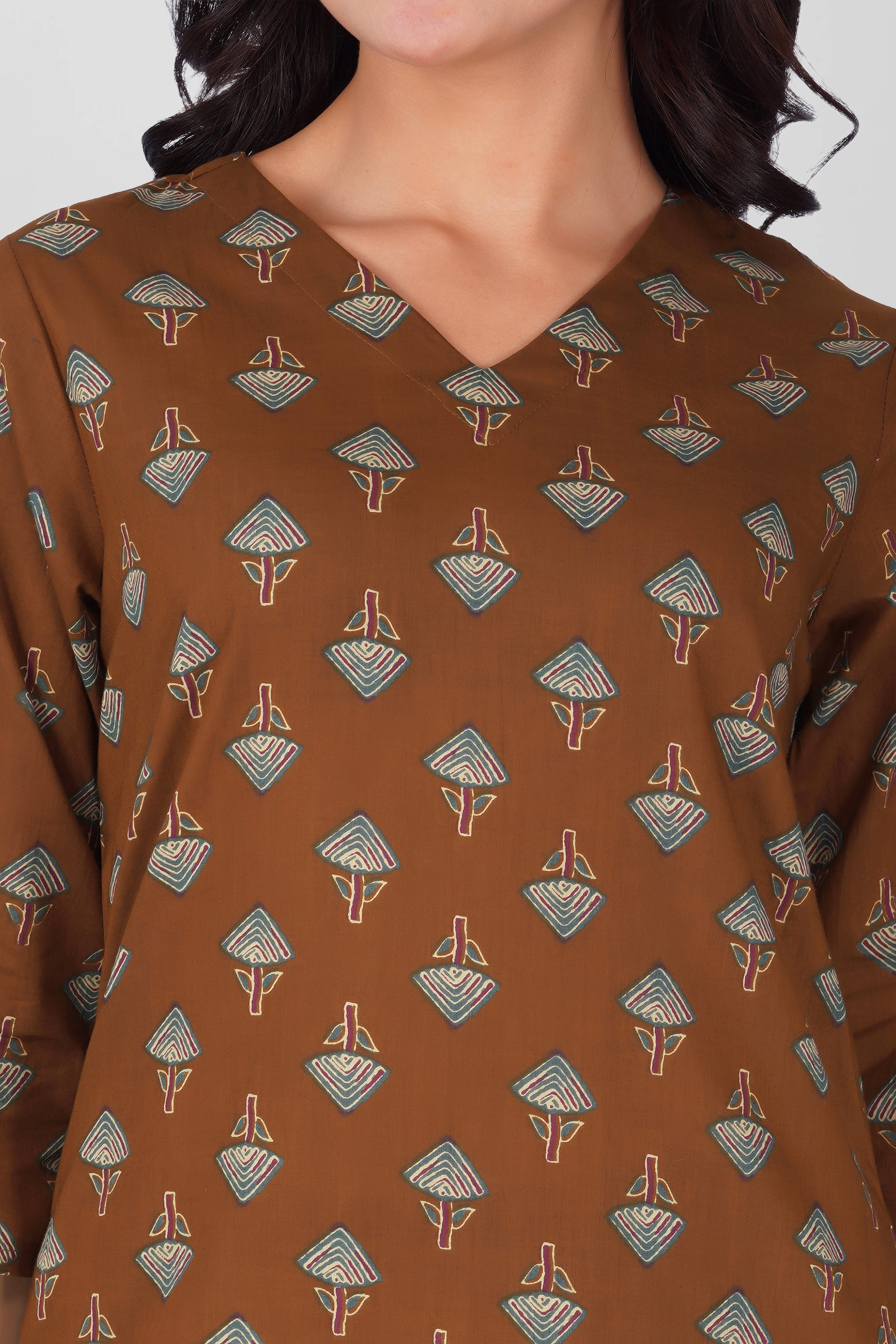 Dark Brown V Neck Cotton Printed Pyjama Set