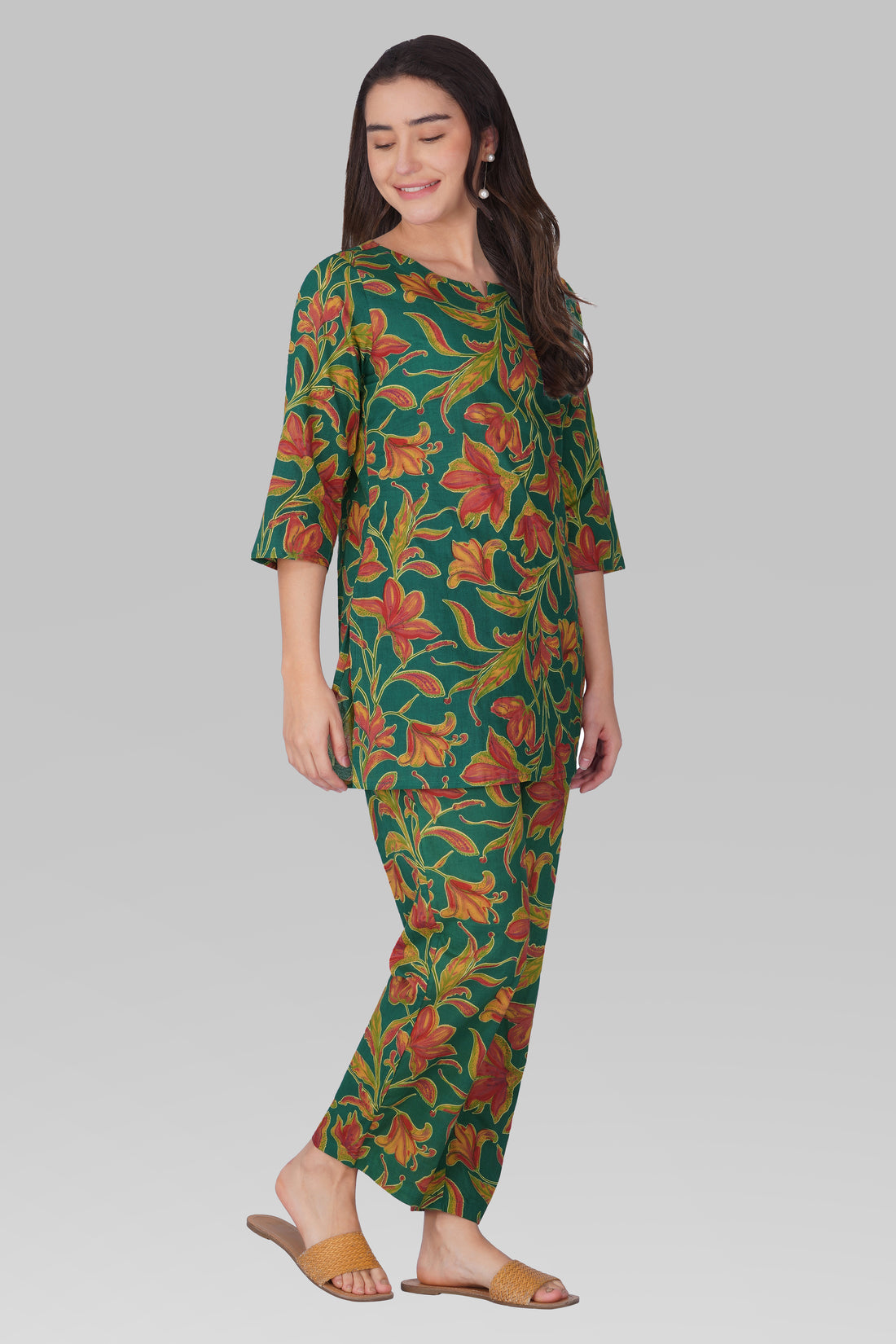 Dark Green Cotton Printed Pyjama Set