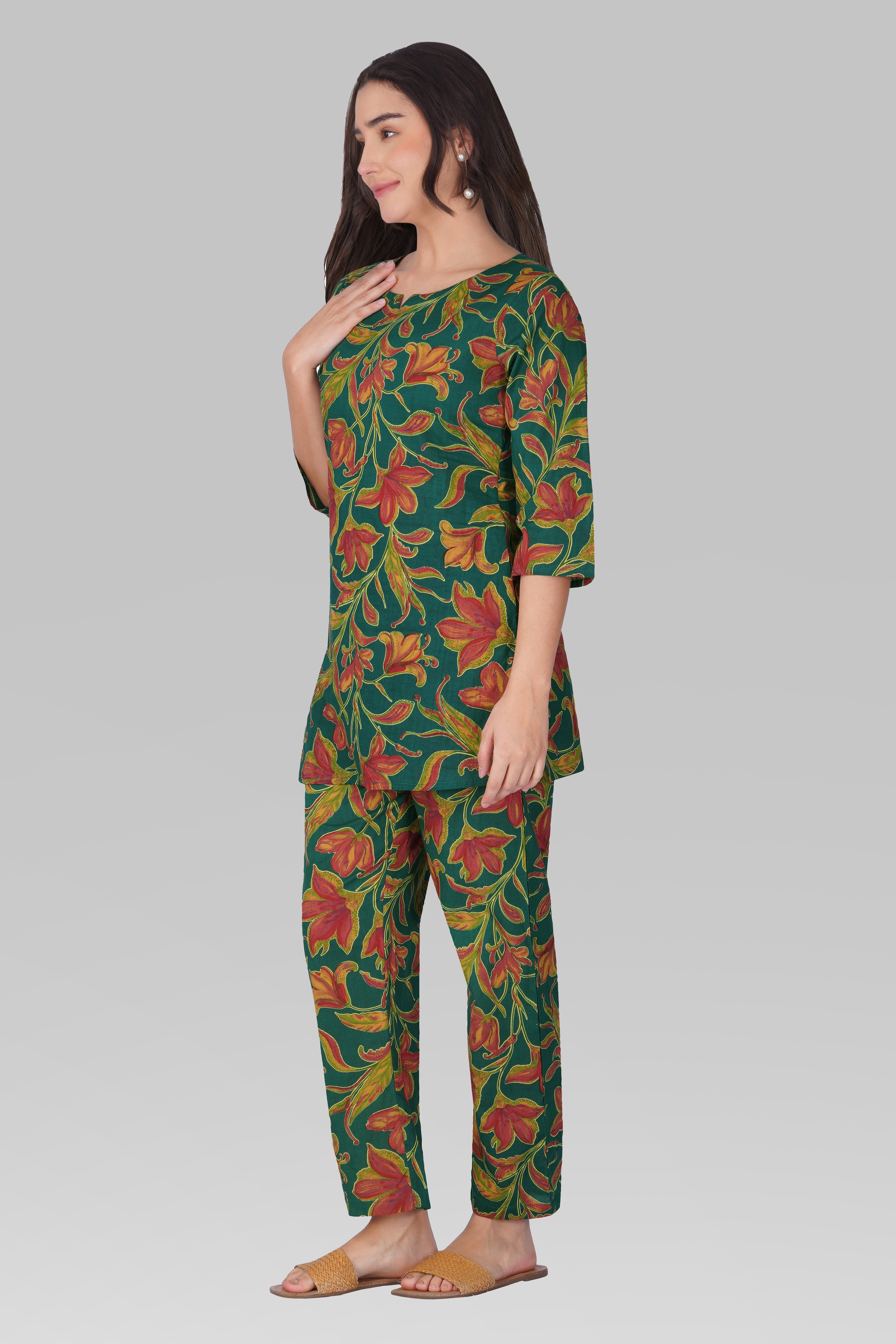 Dark Green Cotton Printed Pyjama Set