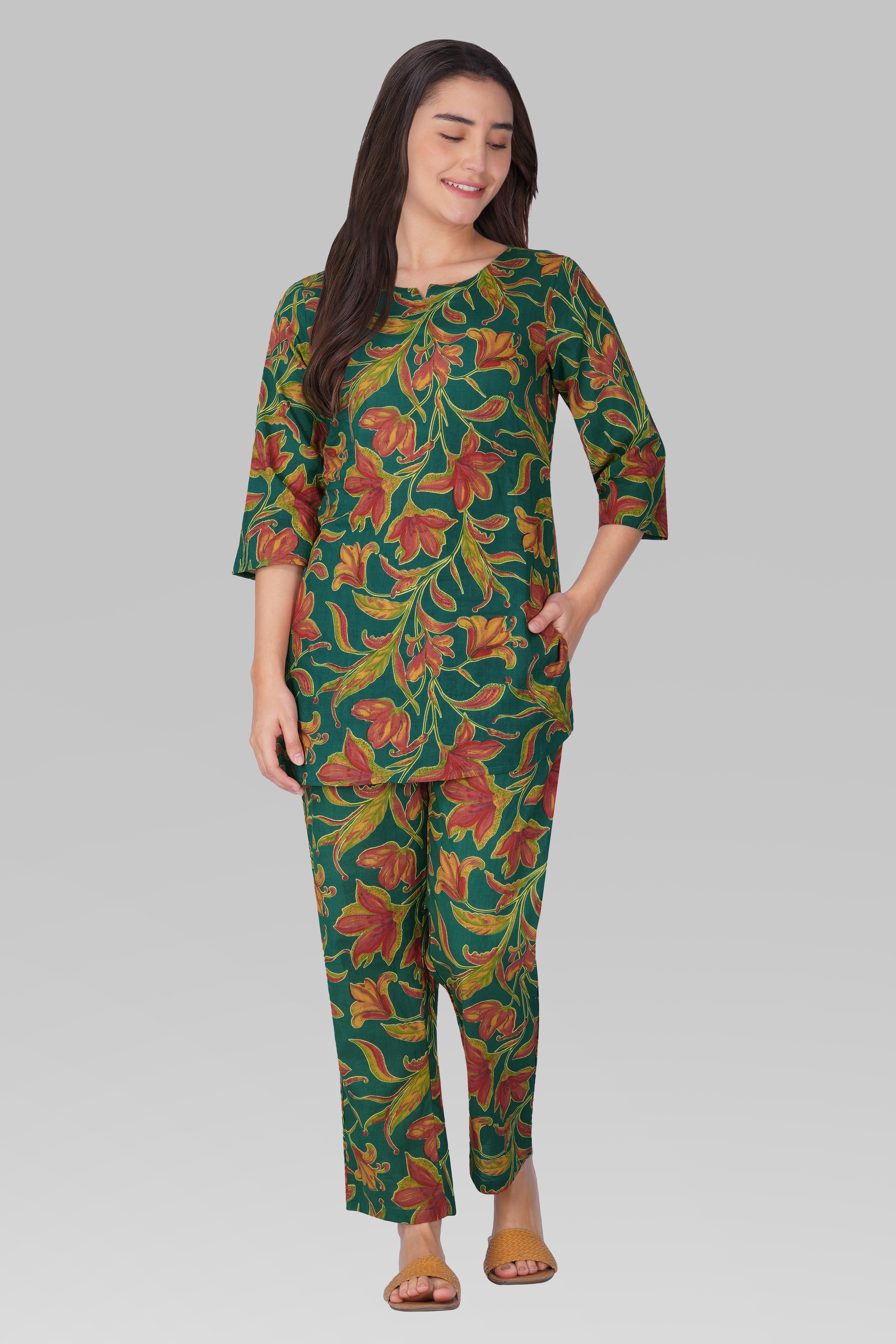 Dark Green Cotton Printed Pyjama Set