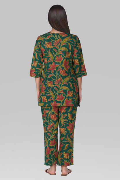 Dark Green Cotton Printed Pyjama Set